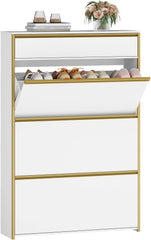 HEXCELEN Schoenenkast met 3 klapdeuren, 80 x 24 x 137,5 cm, wit-goud, met lade, 6 planken, verstelbaar, voor hal, entree, garderobe