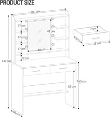 Hzuaneri Make-uptafel met spiegel, make-uptafel met legplanken en 2 laden, voor slaapkamer en woonkamer, verstelbare helderheid, 40 x 100 x 149 cm, wit DT38703X