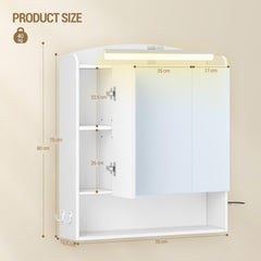 Hzuaneri MC00303XEU Spiegelkast met verlichting, badkamerkast met spiegel, wandkast, haardrogerhouder en haken, met stekker, verstelbare etages, wit, 16,5 x 70 x 80 cm