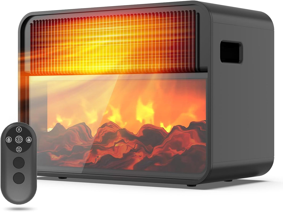 Teendow PTC Keramische ventilatorkachel met 3D-vlameffect, 1500 W turbo, 800 W energiebesparende modus, natuurlijke wind, oververhittings- en kantelbeveiliging, fluisterstil voor slaapkamer en