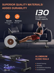 Roeimachine voor thuisgym, roeimachine met Bluetooth-app, magnetische roeimachine met 16 instelbare weerstandsniveaus, verbeterde dubbele glijrails, compacte roeimachine, lcd-monitor, verticaal opbergbaar