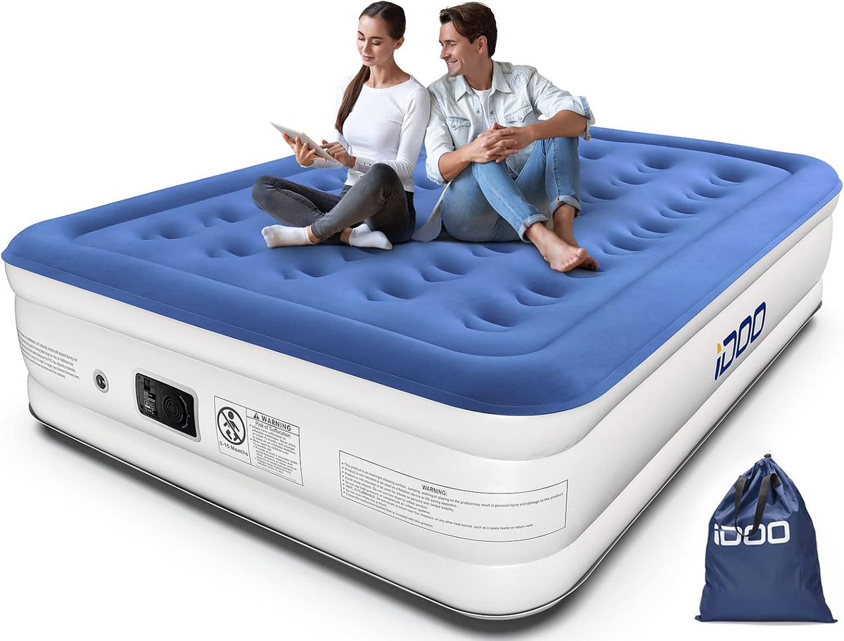 iDOO Dubbel luchtmatras, opblaasbaar matras met geïntegreerd kussen en pomp, 3 minuten opblaas/ontluchtingstijd, opblaasbaar bed, geschikt voor thuis of op de camping, 203 x 152 x 46 cm, 295 kg max