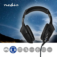 NEDIS Gaming Headset | Overoor | Stereo | USB Type-A / 2x 3.5 mm | Inklapbare microfoon | 2,20 m | LED Zwart •