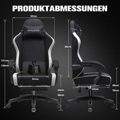 GTPLAYER Gamingstoel, ergonomische pc-stoel, ademende stof, grote en hoge draaibare bureaustoel met voetsteun, verstelbare lendensteun en hoofdsteun, zwart