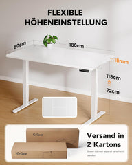 ErGear In hoogte verstelbaar bureau, 180 x 80 cm, 100 kg draagkracht, elektrisch bureau met geavanceerde borstelloze motor, stille functie, robuust metalen frame, vierkant tafelblad