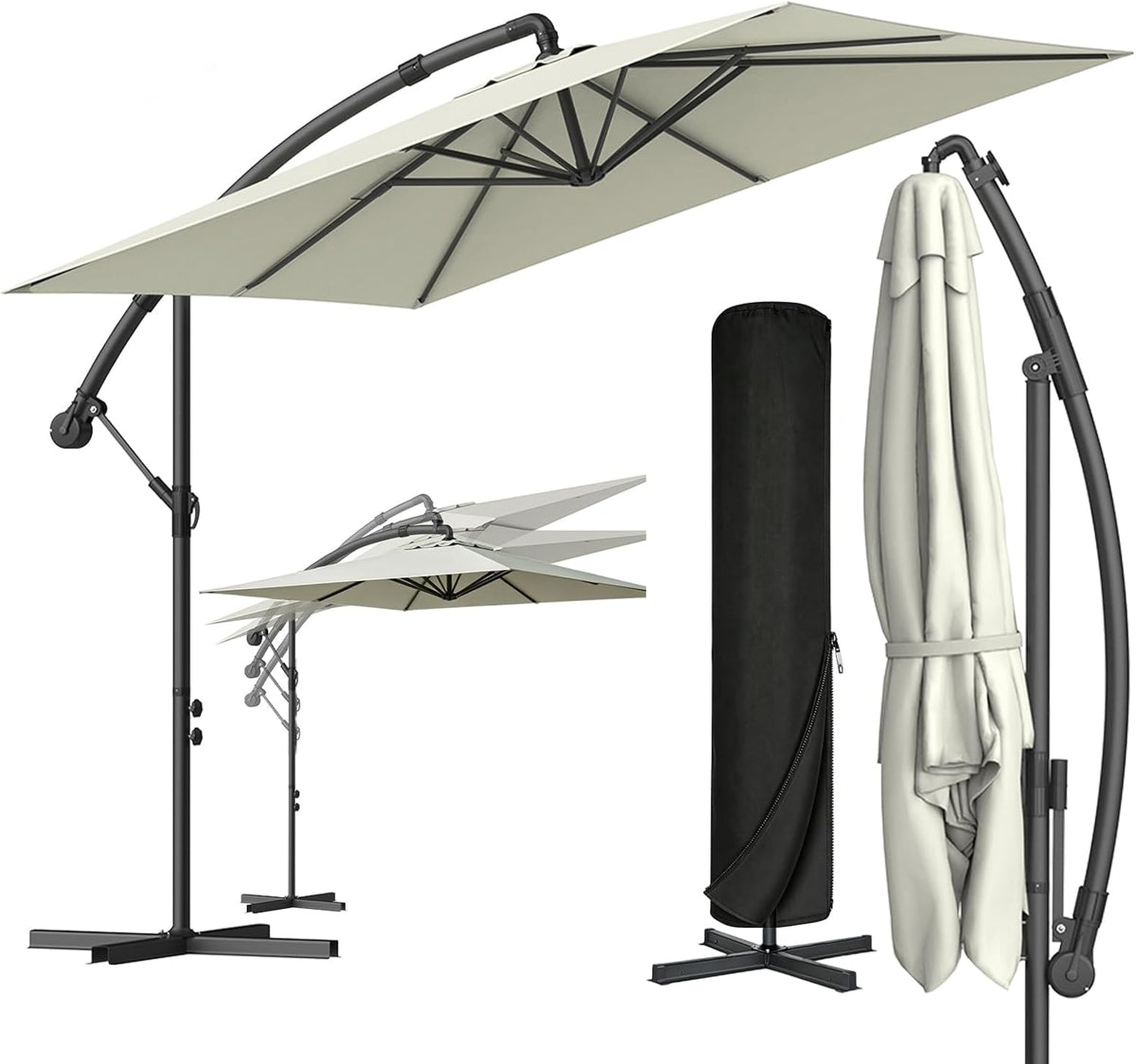 Verdego Parasol met standaard, zweefparasol, rechthoekig, Ø 350 cm, tuinparasol met zwengel, beschermhoes, uv-bescherming, winddicht, waterafstotend, aluminium, marktparasol, 360° draaibaar