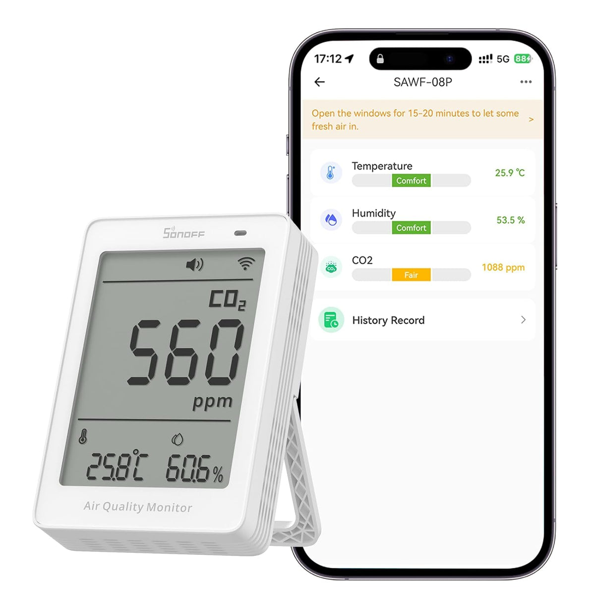 SONOFF AirGuard CO2, intelligente monitor voor binnenluchtkwaliteit, Matter-compatibel, 2,4 GHz wifi, CO2/Temp/vochtdetector, real-time weergave & alarm, voor slaap-/kinderkamer