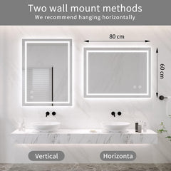 Dripex Badkamerspiegel met LED-verlichting, 600 * 800 mm, verlichte wandspiegel met achtergrondverlichting, dimbare schakelaar, 3 kleuren en anti-condensfunctie, horizontaal/verticaal te monteren