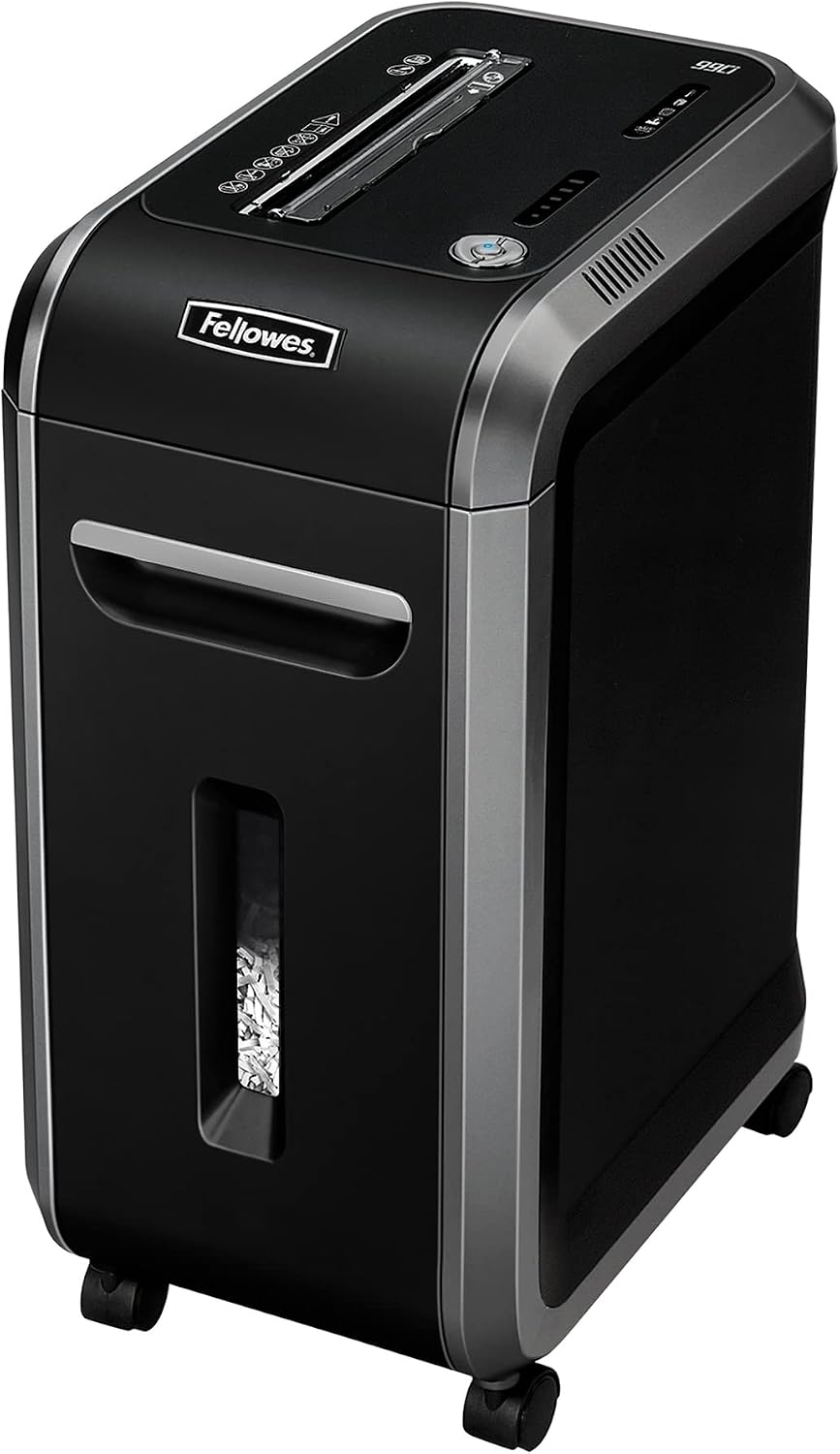 Fellowes Powershred 99Ci, papierversnipperaar voor kantoor, 18 vellen, papierversnipperaar met 100% scheurvrije technologie, Safesense, energiebesparingssysteem, 34 l papiermand, CD-versnipperaar •