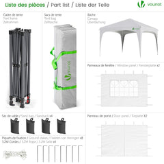 VOUNOT Paviljoen 3x3m met 4 zijdelen & 4 zandzakken, pop-up vouwpaviljoen, waterdicht, opvouwbare tuintent, partytent, incl. tas, wit