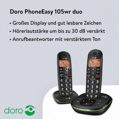 Doro PhoneEasy 105wr Duo draadloze telefoon met handset incl. oplader zwart, 380104 •