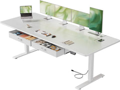 HLDIRECT Elektrisch sta-bureau, extra groot, in hoogte verstelbare tafel met uitgangen, zit-sta-computertafel met laden voor thuiskantoor, ergonomische stijgende werkplek, 200 x 80 cm, wit •