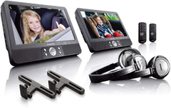 Lenco DVP-940 - 2x9"draagbare DVD speler met USB,SD, ingebouwde batterij, 2x hoofdtelefoon en 2x bracket - Zwart