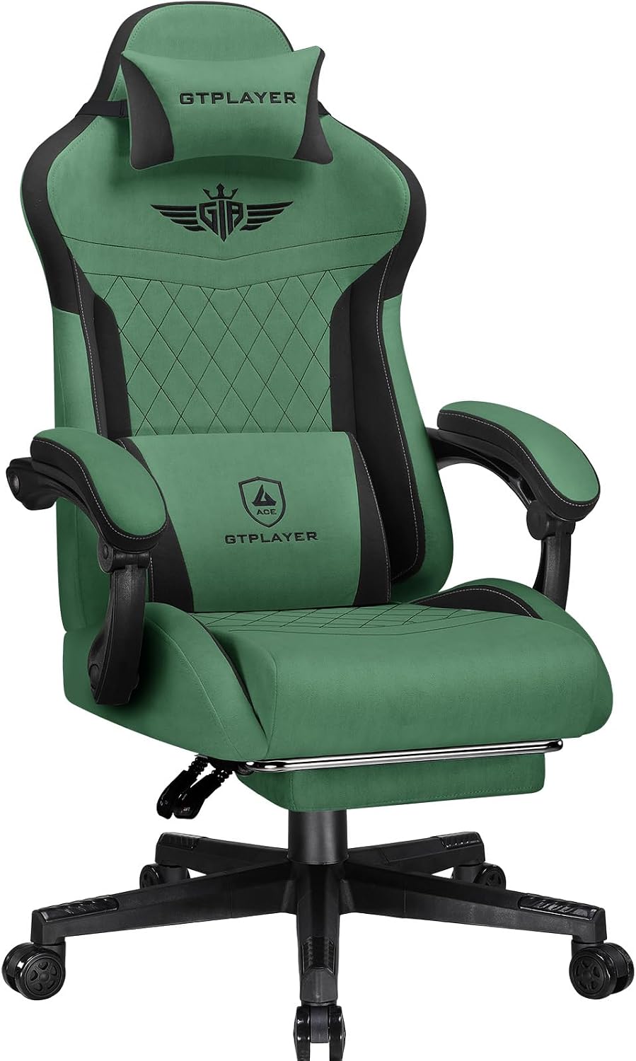 GTPLAYER Gamingstoel, ergonomische gamerstoel van stof, met lendensteun, pc-stoel met verbrede rugleuning, belastbaar tot 150 kg, groen