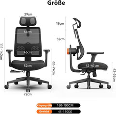Newtral MAGICH003 Bureaustoel, ergonomisch, ergonomische bureaustoel met lumbale steun, dynamische, ergonomische kantoorstoel, computerstoel, 150 kg, met hoofdsteun, armleuning (Magic 003, zwart)