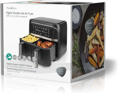 Nedis - Heteluchtfriteuse - Twee aparte manden - High-speed circulatietechnologie - 40-200°C - Timer voor 1-60 minuten - Oververhittingsbeveiliging - 2x3.8 L - SYNC functie - Zwart •