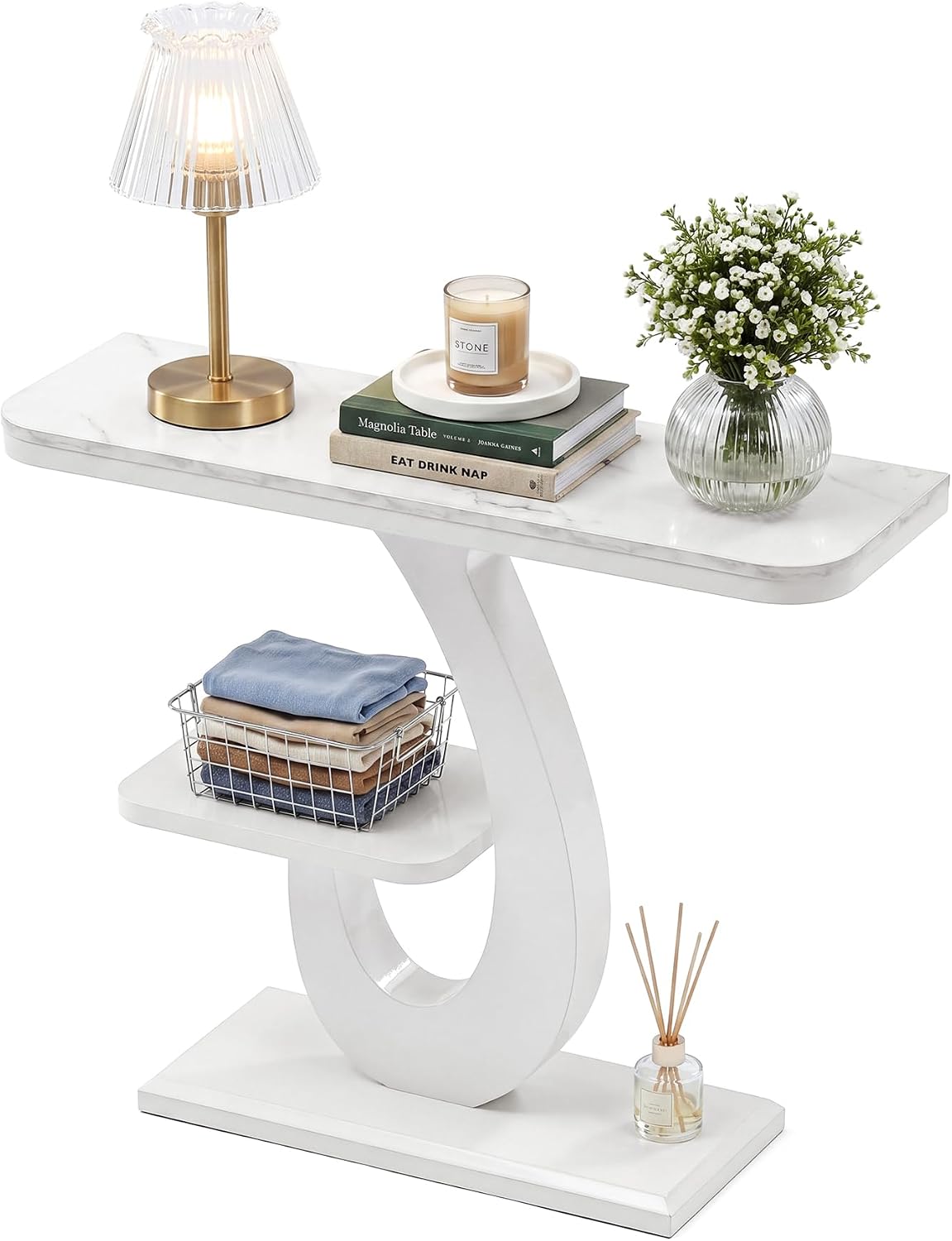 Tribesigns Smalle consoletafel, wit, 100 cm, moderne haltafel met marmerlook, tafelblad en legplank, banktafel voor entree, hal, woonkamer, achter de bank, foyer