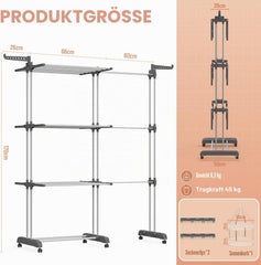 Tower 3-traps droogrek, uittrekbaar (66-130 cm), 40 kg draagvermogen, inklapbaar wasrek met opvouwbaar design, ruimtebesparend voor thuis (grijs)