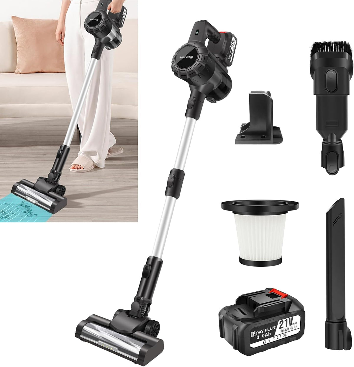Snoerloze stofzuiger met 1 x 3,0Ah accu's, 15000Pa zuigkracht, roterende vloerborstel met LED-lamp, verwijderbare 21V accu, tot 65 minuten looptijd •