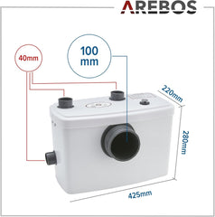 AREBOS Klein pompsysteem, fecaliënpomp, huishoudpomp, 600 W, 3 toevoeren voor toilet, douche en wastafel, GS-getest.