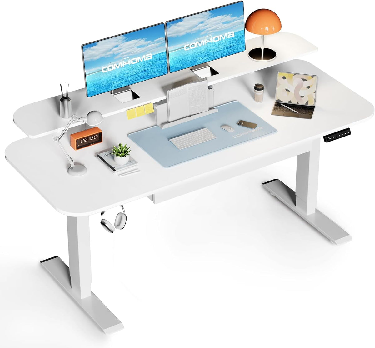 COMHOMA In hoogte verstelbaar bureau, elektrisch, 120 x 60 cm, elektrisch bureau met laden, monitorstandaard, tabletstandaard, bureau met 3 hoogtes geheugenbediening, wit