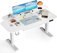 COMHOMA In hoogte verstelbaar bureau, elektrisch, 120 x 60 cm, elektrisch bureau met laden, monitorstandaard, tabletstandaard, bureau met 3 hoogtes geheugenbediening, wit