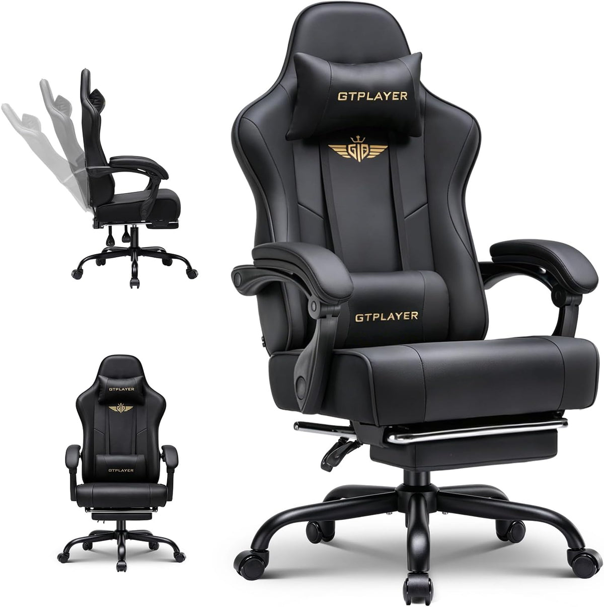 GTPLAYER Ergonomische gamingstoel met voetensteun, hoofdsteun en lendensteun, in hoogte verstelbaar, gevoerd, 180 kg, zwart