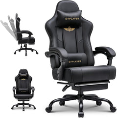 GTPLAYER Ergonomische gamingstoel met voetensteun, hoofdsteun en lendensteun, in hoogte verstelbaar, gevoerd, 180 kg, zwart