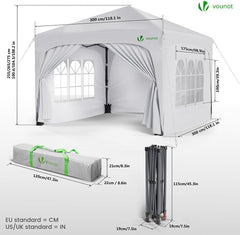 VOUNOT Paviljoen 3x3m met 4 zijdelen & 4 zandzakken, pop-up vouwpaviljoen, waterdicht, opvouwbare tuintent, partytent, incl. tas, wit