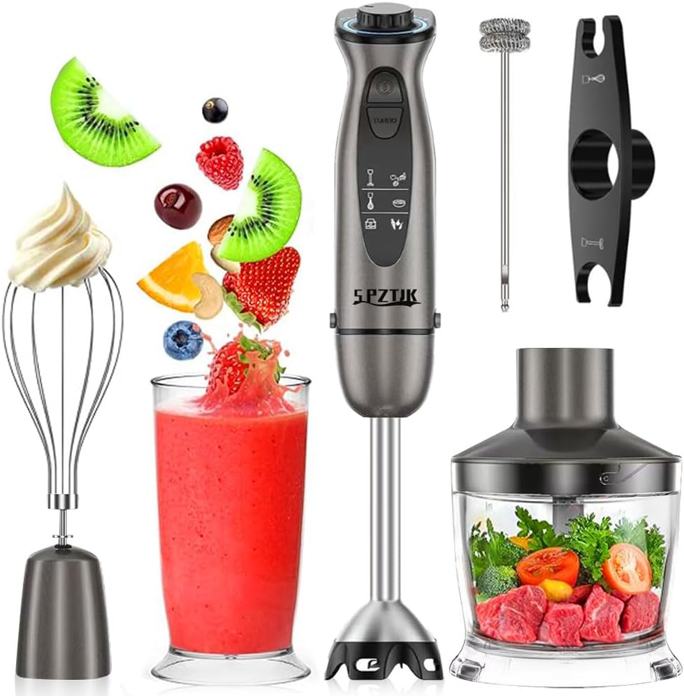 SPZTJK Handmixer, 7-in-1 staafmixer, handmixer met 12 snelheidsstanden, roestvrijstalen mes, mengbeker van 600 ml, hakmolen van 500 ml, garde en melkschuimer