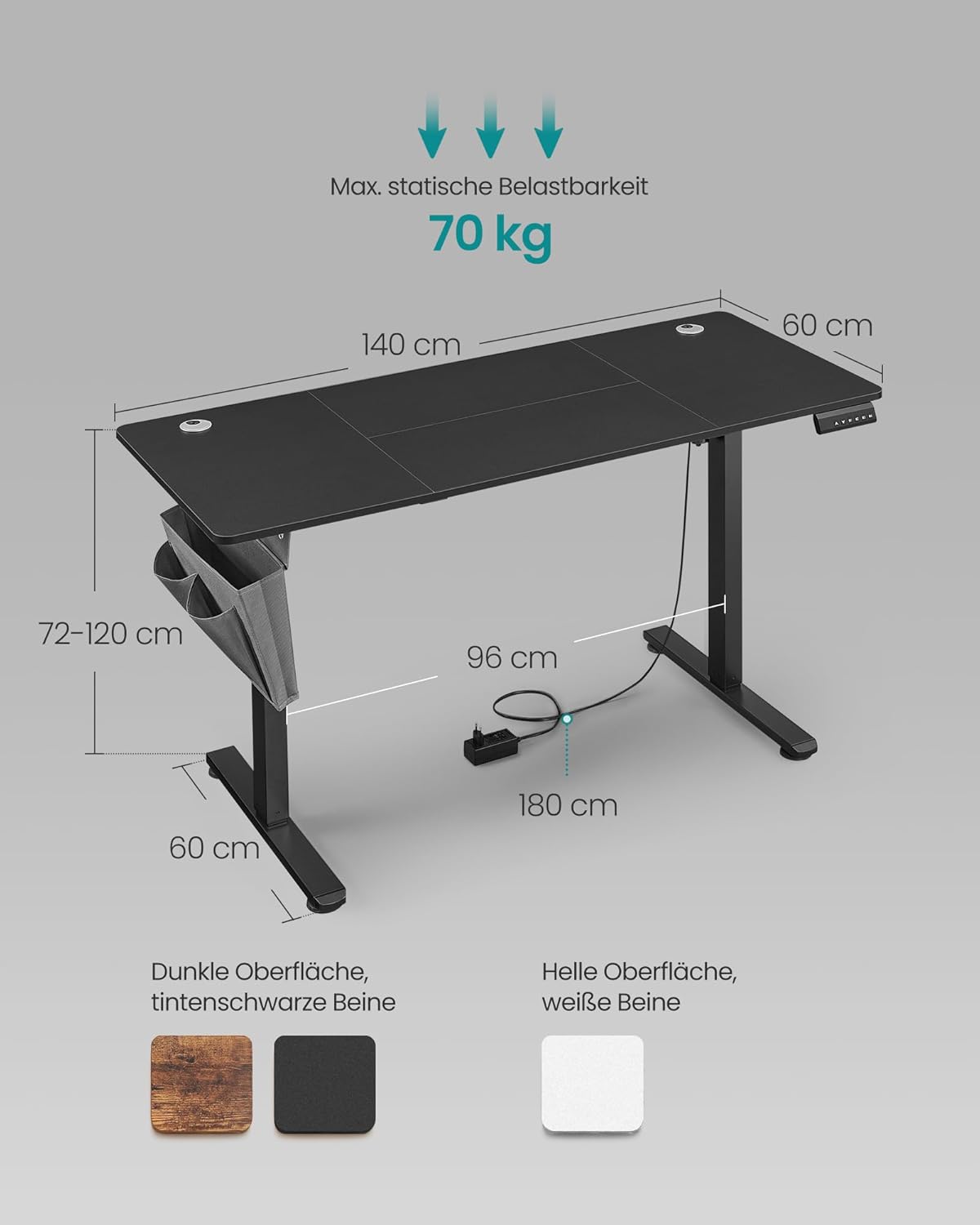 SONGMICS Elektrisch bureau - 140x60cm - Verstelbaar - Zwart