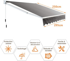 COSTWAY Handmatig uitschuifbaar zonnescherm, 295 x 250 cm, verstelbare hoek 40°-100°, aluminium terraszonnescherm met slinger, UV- en waterbestendig doek voor ramen, terras, balkon (grijs)