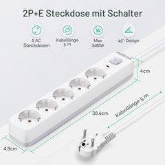 Aigostar Stekkerdoos, stekkerdoos met 5 stopcontacten met schakelaar, 5 m kabel, wit