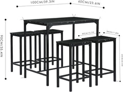 buybyroom Set van 5 marmeren eettafel met 4 barkrukken, 100 x 60 x 90 cm, bartafel met barkruk, keukentafel, keukenstoelen, zwart