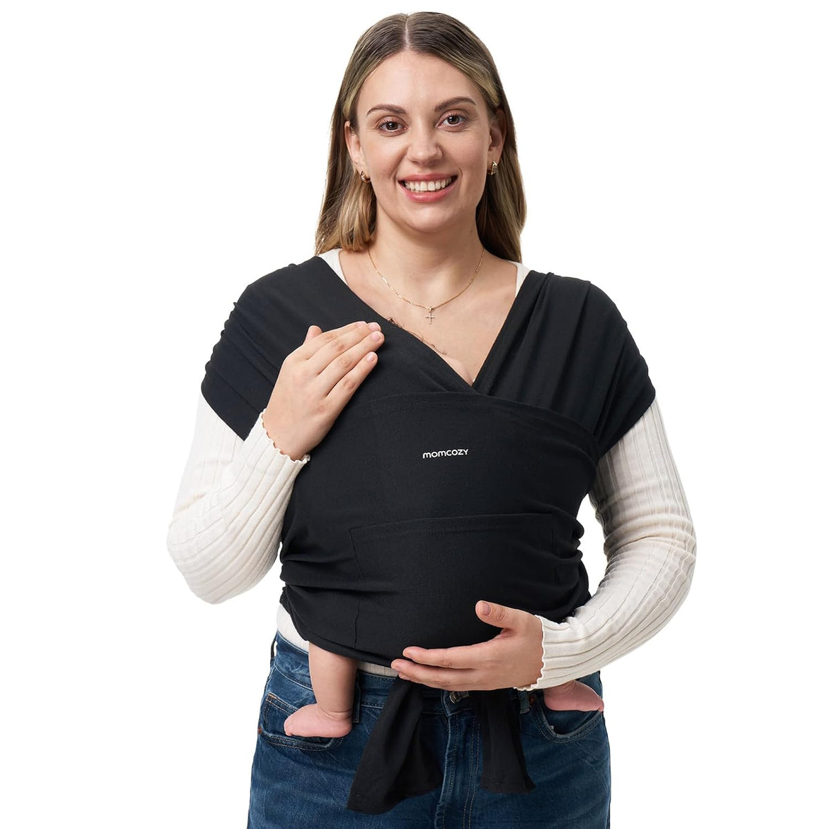 Momcozy Baby Wrap Carrier, gemakkelijk te dragen babydraagdoek, lichtgewicht handsfree draagdoek, verstelbare babydrager voor pasgeborenen tot peuters van 3,6 tot 16 kg, zwart