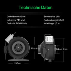 VIVOSUN Buisventilator, 150 mm, afvoerventilator, buisventilator, 748 m³ uur, met variabele toerentalregelaar voor kweektent, ventilatie, plantentent, indoor tuin, ventilatieventilator Z6