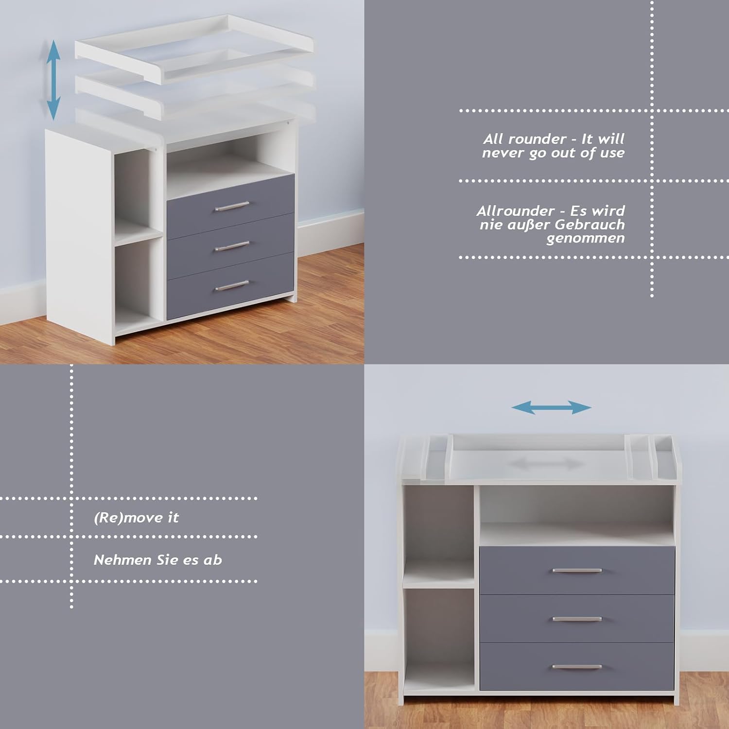 Infantastic® Aankleedcommode -met aankleedkussen, 3 laden, 3 vakken, 113x53x101,6 cm, in MDF, wit/grijs •