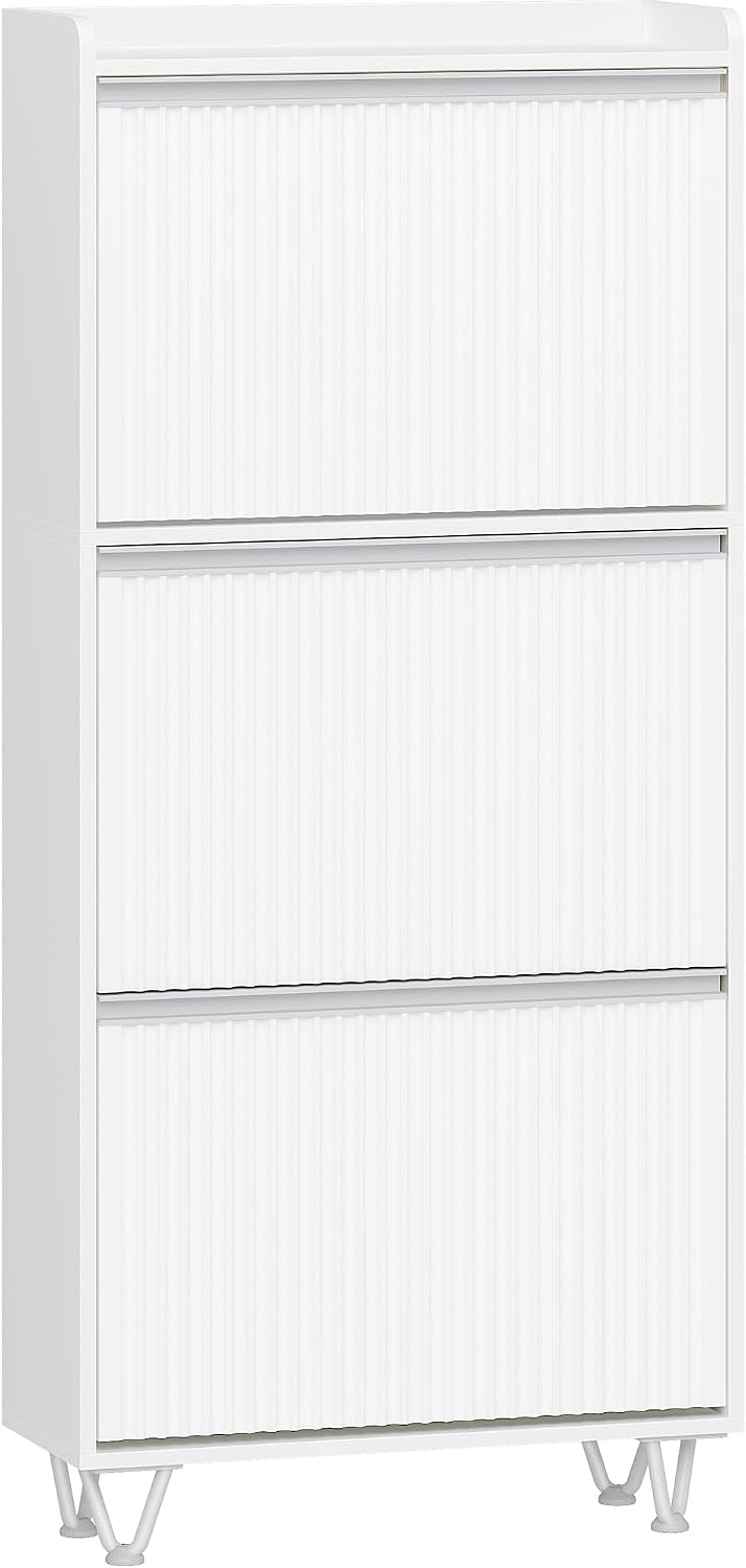 Hzuaneri Schoenenkast met 3 kleppen, schoenenkast smal, golfvormig deurblad, verstelbaar, 16-18 paar, schoencommode voor ingang, hal, garderobe, 24 x 60 x 146,5 cm, wit-zilver SR62103W