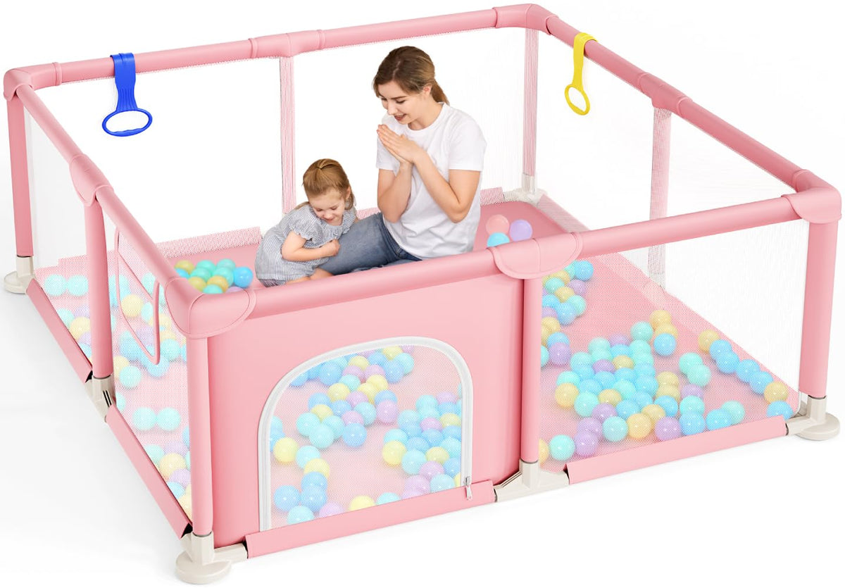 Dripex Babybox voor baby's, 124 x 124 cm, box met ademend net, box 210D Oxford-weefsel, playpen, kinderbox, roze