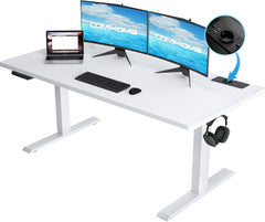 COMHOMA In hoogte verstelbaar bureau, 140 x 60 cm, met USB-aansluiting en haak, elektrisch verstelbare computertafel, sta-zittafel, sta-bureau, wit