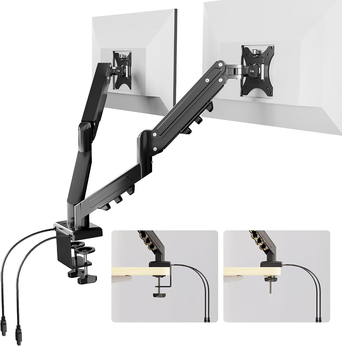 FlexiSpot bureauhouder voor twee monitoren, geschikt voor schermen van 43,2-81,3 cm (17-32 inch), met USB-poort, VESA 75/100 mm, ergonomisch, in hoogte verstelbaar, kantelbaar, draaibaar, maximaal