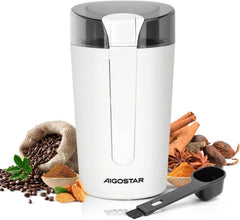 Aigostar Blanche Elektrische koffiemolen, maalgraad instelbaar, BPA-vrij, koffiemolen, mixer, molen voor koffiebonen, lijnzaad, noten, specerijen, granen, 60 g, 200 W, wit