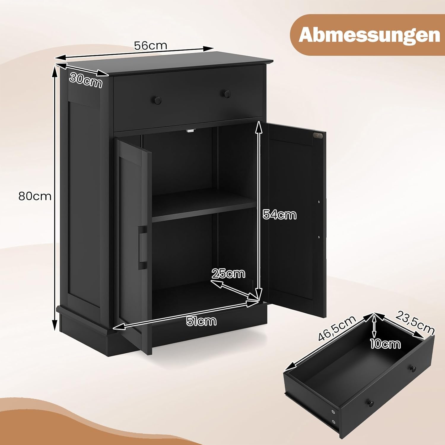 COSTWAY Badkamerkast met 4 laden en 1 deur, badkamerkast met verstelbare plank & magnetische deursluiting & kantelbeveiliging voor woonkamer, badkamer, 55 x 30 x 81 cm (zwart