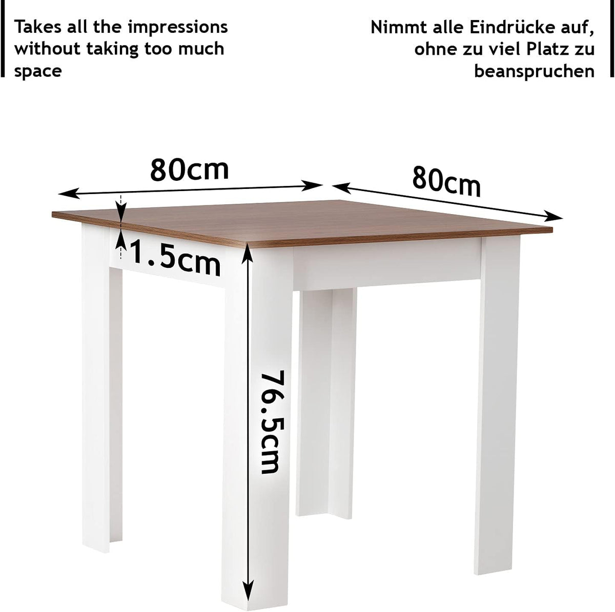 MIADOMODO® Eettafel - vierkant, 80x80x76,5 cm, voor 4 personen, van MDF, klein - keukentafel, eetkamertafel, woonkamertafel (wit/notenhout)