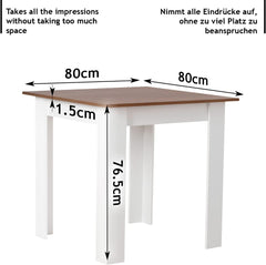 MIADOMODO® Eettafel - vierkant, 80x80x76,5 cm, voor 4 personen, van MDF, klein - keukentafel, eetkamertafel, woonkamertafel (wit/notenhout)