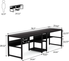 Tribesigns Tweepersoons bureau met boekenplank, 200x60 cm computer kantoor dubbel bureau voor twee personen, rustiek schrijfbureau werkstation met plank voor thuiskantoor (zwart)