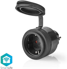 NEDIS SmartLife WLAN Smart stekker, IP44, type F (CEE 7/7), geïntegreerde SmartLife-app, compatibel met Amazon Alexa en Google Home, WIFIPO110FBK zwart, 70 mm •