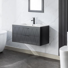 UEV Wastafelonderkast hangend 90cm breed, onderkast, zwart, badkamerkast met 2 laden, badkamermeubel voor gasten, toilet, badmeubelset voor badkamer, zonder wastafel