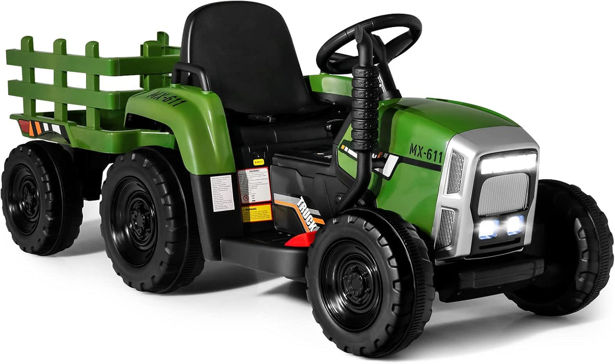 COSTWAY 12 V 3 versnellingen tractor met afneembare hanger en 2,4 G afstandsbediening, kinderzittractor met ledverlichting, muziek, claxon en USB-functies, geschikt voor kinderen vanaf 3 jaar
