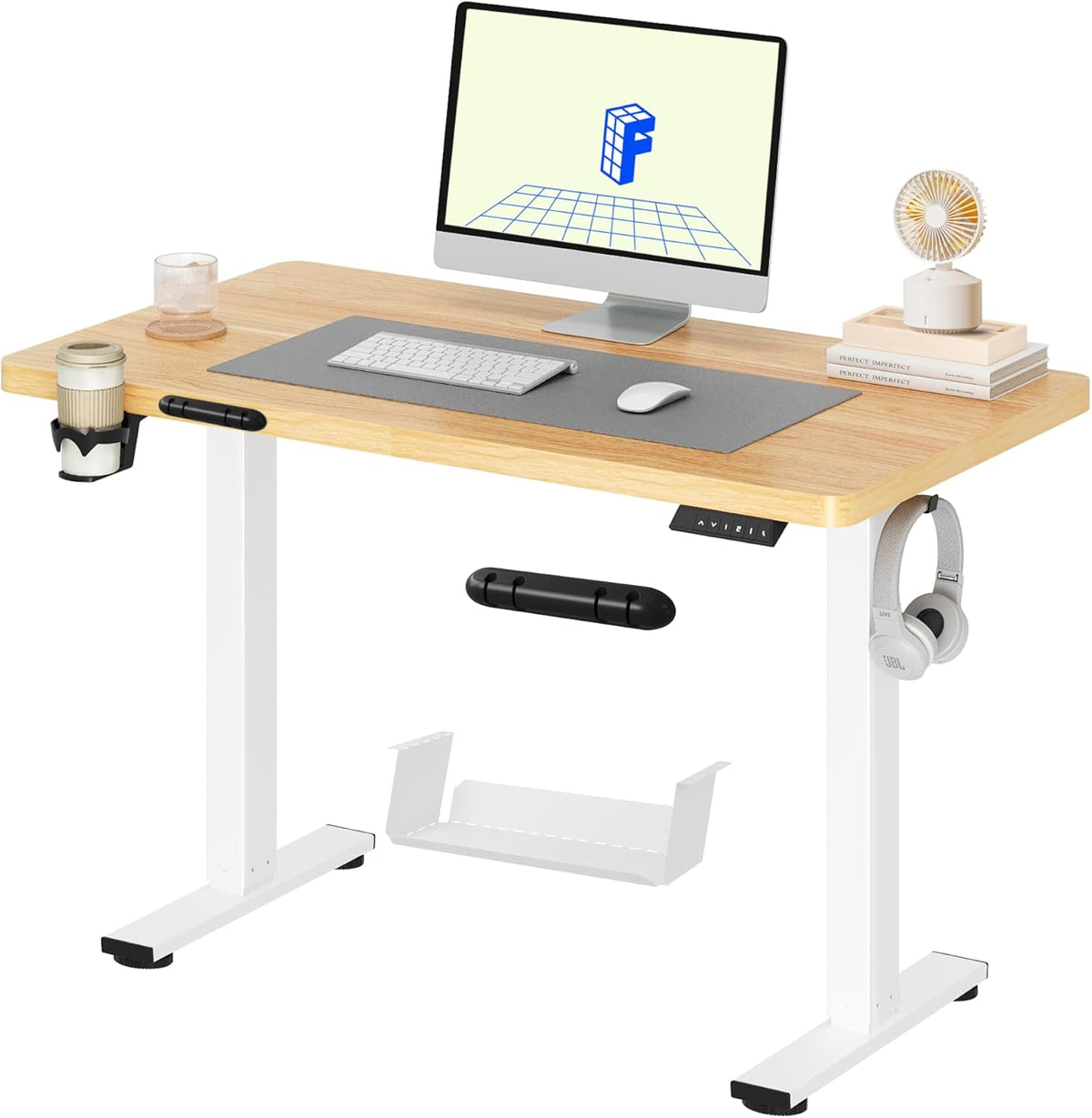 FLEXISPOT Lite Elektrisch Zit/Sta-Bureau - In Hoogte Verstelbaar Sta-Bureau met Bekerhouder en Haken, Toetsenbordpaneel met Geheugenfuncties 110 x 60 cm (Wit Frame + Esdoorn Blad)